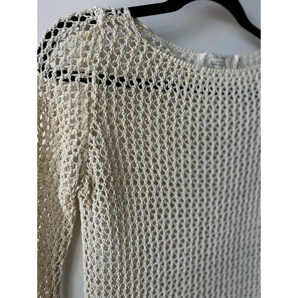 ZARAKNIT Beige Knit Openwork Long Sleeve Boat Neck Women's Top Small